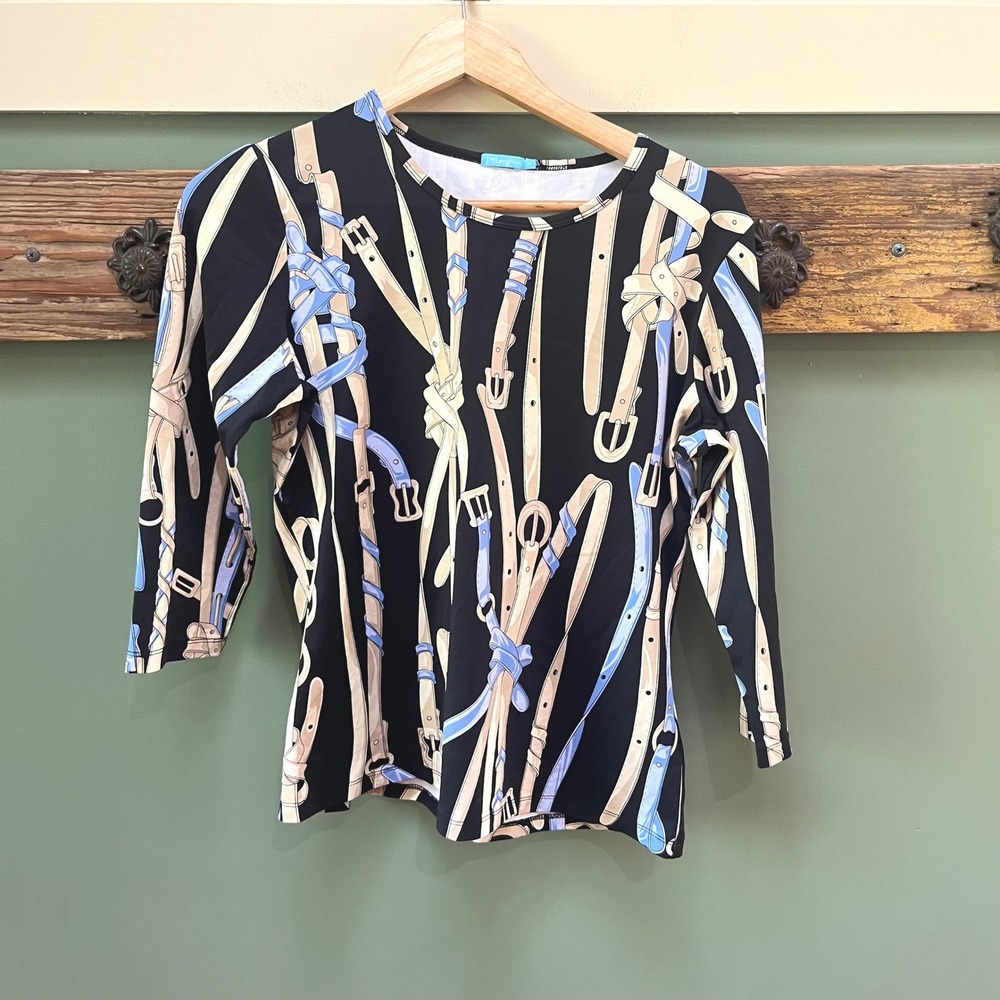 J.McLaughlin Womens M Black Equestrian Belt Print 3/4 Sleeve Stretch Top